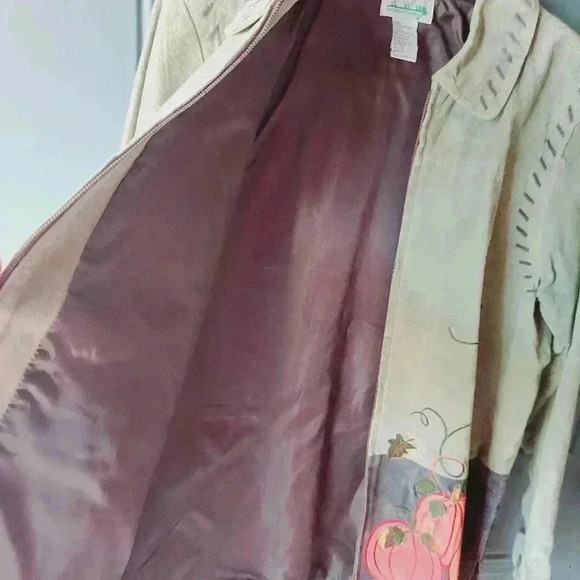 Suede Fall Autumn Leaves Pumpkin Embroidered Full Zip Leather Jacket - Picture 7 of 9